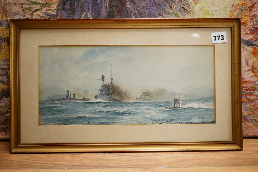 Eric Erskine Campbell Tufnell (1888-1978), ‘King George V and Agamemnon of Gibraltar’, signed and dated Feb 20th ‘14, watercolour heightened with white, 16 x 36cm